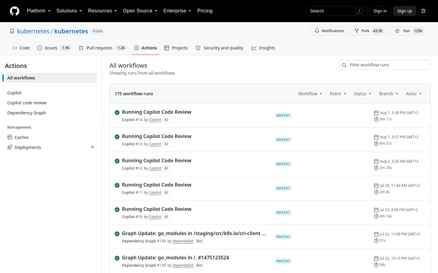 GitHub Actions, przebiegi workflow i status jobów
